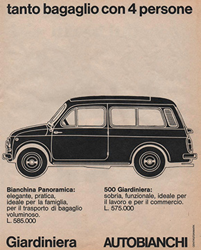 Ritaglio locandina d'epoca della pubblicità della FIAT 500 Giardiniera Ritaglio locandina d'epoca della pubblicità della FIAT 500 Giardiniera